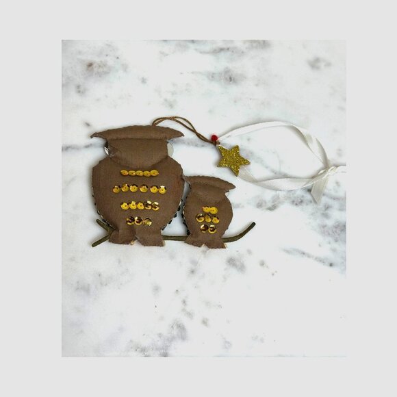 Handcrafted Owl Mommy & Baby Ornament With Sequins & Ribbon Fall Winter Decor - Picture 2 of 4